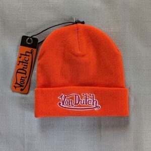 Von Dutch Vibrant Orange Knit Beanie Hat NEW!